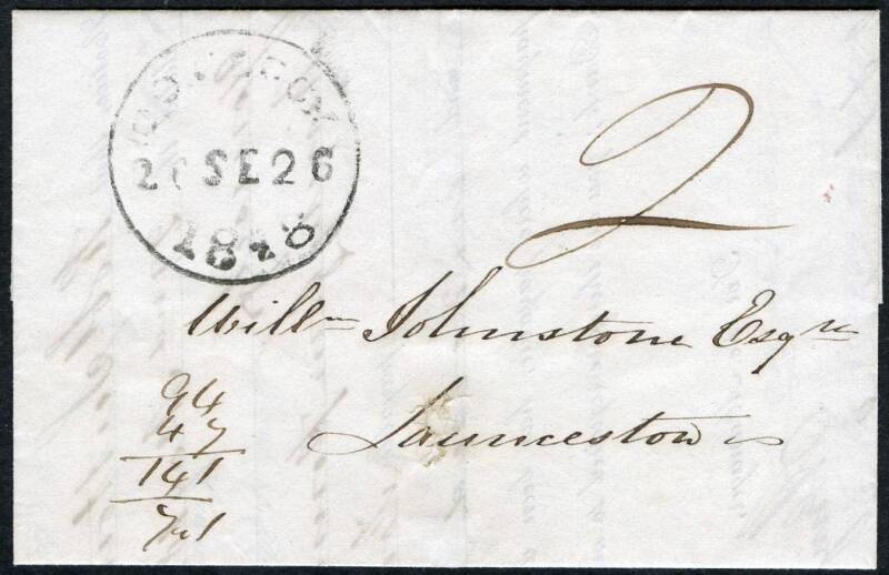 TASMANIA - Postal History: 1848 E.L. rated '2' for local delivery in Launceston with 2 fine strikes (front and back) of the scarce '1.0.CLOCK/20 SE/1848' cds.