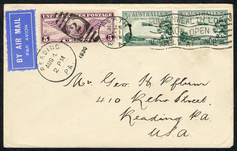 30 June 1930 (AAMC.67a) Perth - Reading, Pennsylvania USA, airmail cover bearing 3d Airmails (2) paying for the internal airmail leg + the Trans-Pacific by boat to San Francisco + US 5c Airmail (tied by Perth & Reading cds's) for air delivery to the East