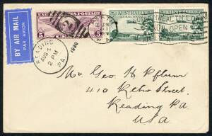 30 June 1930 (AAMC.67a) Perth - Reading, Pennsylvania USA, airmail cover bearing 3d Airmails (2) paying for the internal airmail leg + the Trans-Pacific by boat to San Francisco + US 5c Airmail (tied by Perth & Reading cds's) for air delivery to the East Coast. A fine example of this combination arrangement, which ended the following day. Cat.from $500.