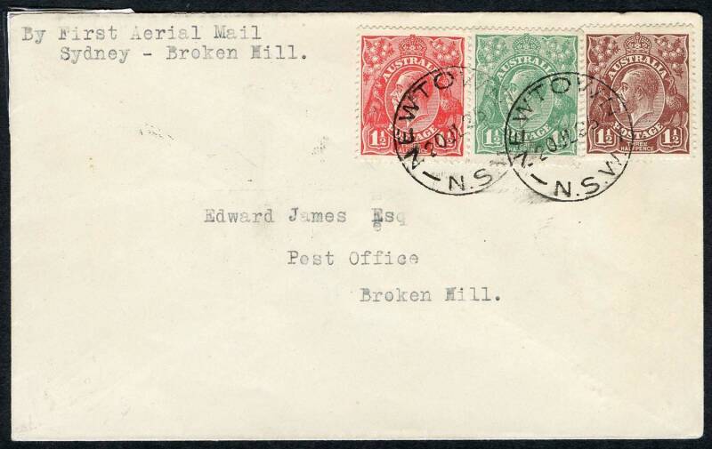 Australian Aerophilately - 22 July 1925 (AAMC.83) Sydney - Broken Hill flown cover carried by A.A.S. on their inaugural flight linking several new intermediates. Lovely 3-colour franking. Cat.$300.