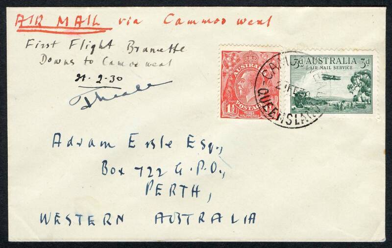 Australian Aerophilately - 19 Feb.1930 (AAMC.152a) Brunette Downs - Camooweal flown cover carried by A.A.S. to link with the newly established Qantas service from Brisbane and signed by the pilot, Frank Neale. Cat.$400+.