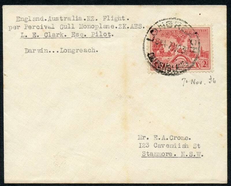 Australian Aerophilately - 7 Nov.1936 (AAMC.645) Darwin - Longreach flown cover, carried and signed (on reverse) by L.E.Clark in his Percival Gull. This was a short internal leg on his epic journey from England to New Zealand via Australia. Only 8 covers