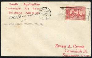 AUSTRALIA: Aerophilately & Flight Covers: Australian Aerophilately - THE BRISBANE - ADELAIDE AIR RACE of DECEMBER 193616-18 Dec.1936 (AAMC.675) Flown cover, carried and signed by A.H. Tweedle, entrant No.23 who flew an Avro Avian "Gannett". [One of only 1