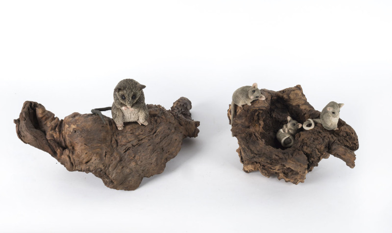 PETER DELAHENTY "Wildlife Sculpture" mountain pygmy possum and possum family ceramic sculptures, late 20th century, ​the larger 45cm across. (2).