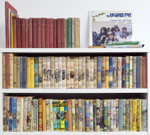 AN ENID BLYTON LIBRARY: A collection of 62 different Blyton titles, all hardback and with dustjackets and mainly 1950s and '60s editions; also, a quantity of Blyton books without d/j's but mostly hardcover; an LP version of "Five on a Treasure Island", etc. Mixed condition.