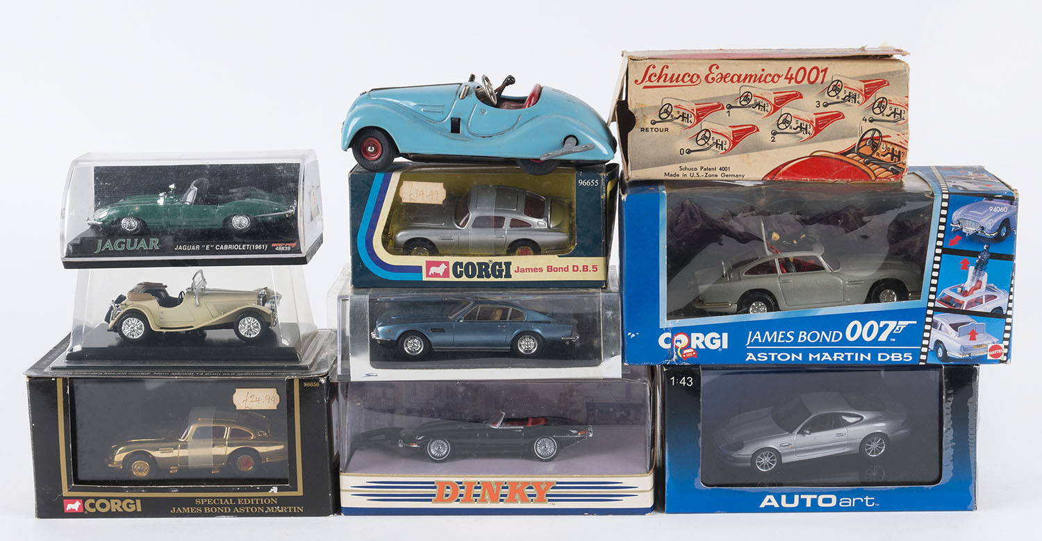 SCHUCO Examico 4001 clockwork car, three James Bond Aston Martin DB5, DINKY E TYPE Jaguar