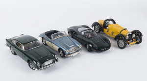 BUGATTI TYPE 59 (1:18 scale) model by Burago; together with three Autoart (1:18 scale) models comprising an ASTON MARTIN DB5, 1956 AUSTIN HEALEY, and a JAGUAR XJ 13, the Bugatti 24.5cm long