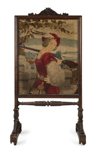 A William IV firescreen, rosewood and tapestry, English, circa 1835, 129cm high, 70cm wide, 46cm deep