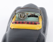 1950s convertible black Cadillac in original box "ELECTRIC OPEN CAR" by KKK, Japan; tinplate, battery driven, rubber tyres, steering wheel and on/off switch on dashboard. Length: 18cm (7"). - 3
