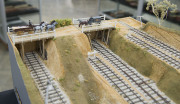 Electric powered diorama depicting a South Australian scene created in three conjoining sections, featuring mainline station (similar in design to those at Strathalbyn & Mount Barker), branchline stations, workshop, bridges, viaduct, turntable, coal bunke - 2