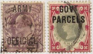 1864-1904 group with "I.R. OFFICIAL", ½d to 6d (24, the 6d SG.O4), "ARMY OFFICIAL" , ½d to 6d (34, the 6d SG.O50), "GOVT. PARCELS"  1½d to 1/- (27, the 1/-  SG.072),  "BOARD OF EDUCATION"  (2) and "ADMIRALTY" (4). Mixed condition, in different quantities 