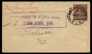 Australia: Aerophilately & Flight Covers: 27 Aug.1920 (AAMC.50) Serpentine to Melbourne aerial derby to advertise the Second Peace Loan, cover to Rochester endorsed €œfor Peace Loan Aerial Mail€ bearing KGV 1½d cancelled upon arrival at Melbourne, handstamped with the violet boxed cachet €œCARRIED BY SECOND PEACE / LOAN AERIAL MAIL€, fine and scarce. Cat.$1,000.