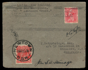 Australia: Aerophilately & Flight Covers: KINGSFORD SMITH'S THIRD CROSSING OF THE TASMAN: 13 Jan.1934 (AAMC.350) Australia to New Zealand cover, flown by Kingsford Smith in the famous "Southern Cross"; and signed by his crew members, John Stannage & P.G. Taylor. Accompanied by a March 1934 (AAMC.367) New Zealand to Australia return flight cover. (2 items). Cat.$700.