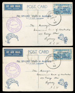 Australia: Aerophilately & Flight Covers: 17 Feb.1934 (AAMC.361) New Zealand - Australia first official mail carried in the "Faith in Australia", on retained postal cards from the 3rd & 4th Dec.1933 flight, signed by C.T.P. Ulm & G.U. Allen. Two examples 