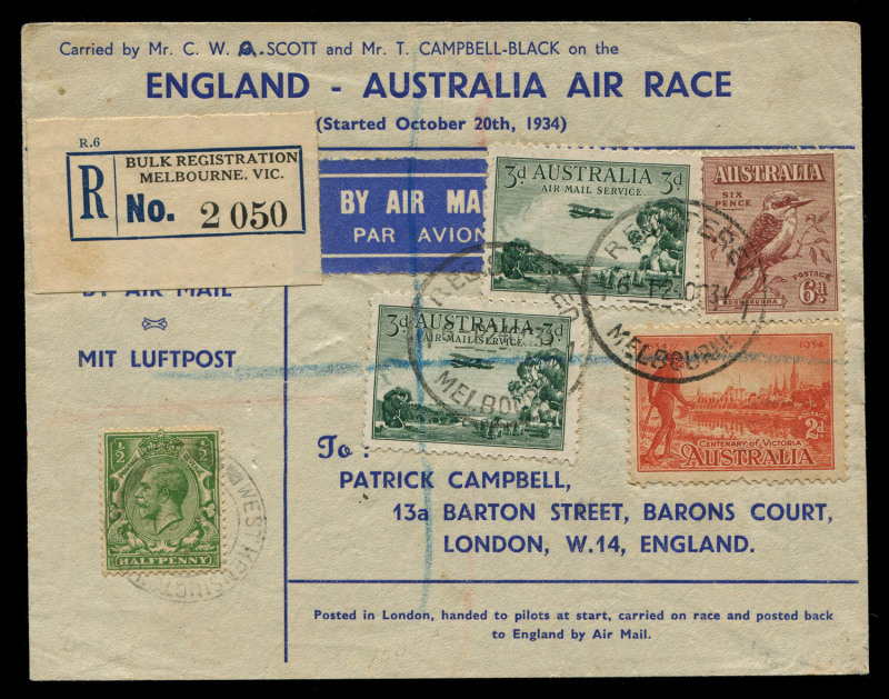 Australia: Aerophilately & Flight Covers: October 1934 (AAMC.433) England - Australia MacRobertson Air Race cover carried by the winning entry DH66 Comet 'Grosvenor House' in a total elapsed time of 71 hours and signed by both pilots "CWA Scott" and "Tom