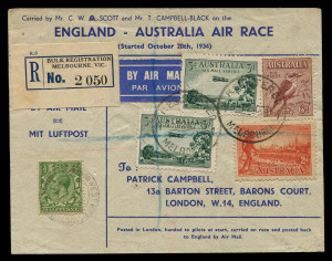 Australia: Aerophilately & Flight Covers: October 1934 (AAMC.433) England - Australia MacRobertson Air Race cover carried by the winning entry DH66 Comet 'Grosvenor House' in a total elapsed time of 71 hours and signed by both pilots "CWA Scott" and "Tom Campbell Black" on the back. Posted back to England with 6d Kookaburra, 3d Airmail x2 and 2d Victorian Centenary tied 'REGISTERED/24OC34/MELBOURNE' d/s with blue R label alongside, fine condition, Cat $1,250. [100 flown; illustrated in AAMC at p