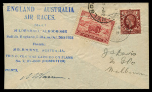 Australia: Aerophilately & Flight Covers: 20-31 October 1934 (AAMC.441) MacRobertson Air Race cover, flown and signed by M.Hansen together with his co-pilot D. Jensen. (110 flown).