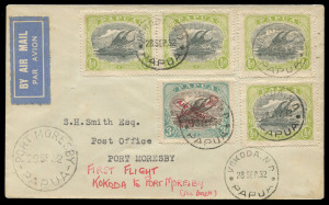 PAPUA - Aerophilately & Flight Covers: 28 Sept.1932 (AAMC.P46) Kokoda - Port Moresby cover, flown by Orme Denny and Frank Drayton for Guinea Airways. [107 flown]. Cat.$200. Attractive franking.