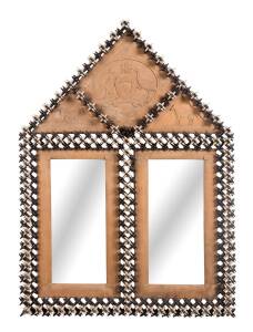 A "Tramp Art" Crown of Thorns mirror frame with a carved Australian crest armorial panel, housed in original crate, 148cm high, 105cm wide