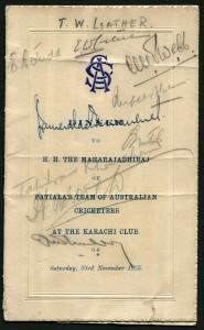 1935-36 AUSTRALIAN TOUR TO INDIA & CEYLON, menu "Dinner to H.H.The Maharajadhiraj of Patiala's Team of Australian Cricketers at the Karachi Club on Saturday 23rd November 1935", small piece cut from reverse, but with 60+ signatures; plus team photo signed