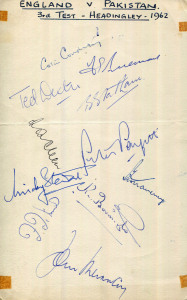 ENGLAND 1962 - 66: An autograph page collected at the 3rd Test v Pakistan (at Headingley) 1962 with 11 signatures including Dexter, Cowdrey, Parfitt and Titmus; a 1962-63 Official Team Sheet to NZ with 15 signatures including Dexter, Cowdrey, Barrington &