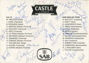 1981-82 FIRST REBEL TOUR TO SOUTH AFRICA: Scorecard signed by South Africa & English Teams, with 28 signatures including Mike Proctor, Graeme Pollock, Jimmy Cook, Graham Gooch, Alan Knott & Geoff Boycott.