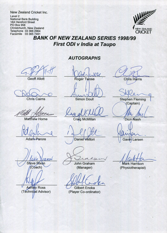 NEW ZEALAND: Official Team sheets for 1998-99 1st ODI v India at Taupo; 1998-99 2nd ODI v India at Napier; 1998-99 Second Test v South Africa at Christchurch; 1999 complete squad for the Tour to England; and 1999-2000 1st Test v West Indies at Hamilton. A