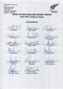 NEW ZEALAND: Official Team sheets for 1998-99 1st ODI v India at Taupo; 1998-99 2nd ODI v India at Napier; 1998-99 Second Test v South Africa at Christchurch; 1999 complete squad for the Tour to England; and 1999-2000 1st Test v West Indies at Hamilton. A