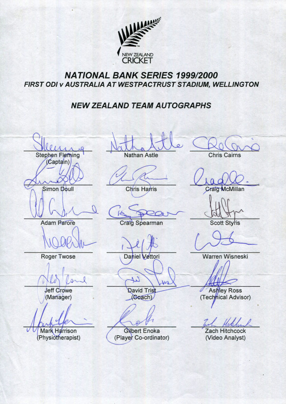 NEW ZEALAND: Official Team sheets for 1999-2000 1st ODI v Australia at Wellington; 2000 NZ "A" Tour to Holland & England; 2000 Tour to South Africa (ODIs); 2000 Tour to South Africa (Tests); and the 2001 Tour to Pakistan (Test Series); with a total of 88