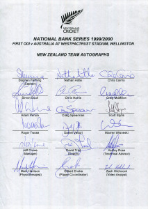 NEW ZEALAND: Official Team sheets for 1999-2000 1st ODI v Australia at Wellington; 2000 NZ "A" Tour to Holland & England; 2000 Tour to South Africa (ODIs); 2000 Tour to South Africa (Tests); and the 2001 Tour to Pakistan (Test Series); with a total of 88 