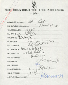 1970 SOUTH AFRICAN TEAM TO ENGLAND: The tour was cancelled after protests from the anti-apartheid movement however a team sheet had been prepared. With 15 signatures including Ali Bacher, Graeme Pollock, Barry Richards & Mike Proctor. Very few examples of