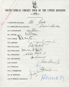 1970 SOUTH AFRICAN TEAM TO ENGLAND: The tour was cancelled after protests from the anti-apartheid movement however a team sheet had been prepared. With 15 signatures including Ali Bacher, Graeme Pollock, Barry Richards & Mike Proctor. Very few examples of this team sheet were created; fewer survive. The South African Team was replaced by a Rest of the World Team which included four of the South Africans.