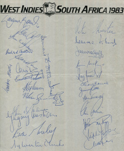 1983 West Indies Rebel tour to South Africa, team sheet signed by both teams, with 28 signatures including Lawrence Rowe, Collis King, Peter Kirsten, Jimmy Cook & Clive Rice. A rarely seen collection of signatures.