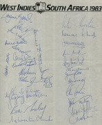 1983 West Indies Rebel tour to South Africa, team sheet signed by both teams, with 28 signatures including Lawrence Rowe, Collis King, Peter Kirsten, Jimmy Cook & Clive Rice. A rarely seen collection of signatures.