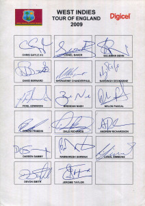 WEST INDIES: A group of fully signed team sheets for the 2005-06 Tour of Australia; the 2006 "A team" Tour of England; the 2007 Tour of England; the 2007 Tour to Zimbabwe; and the 2009 Tour to England. (5 sheets; 81 signatures). Signatures include Lara, Chanderpaul, Bravo, Smith and Samuels.Australia won the 3-match Test Series in 2005-06, 3–0.