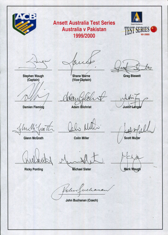 AUSTRALIA: 1999-2000 Australian Team v Pakistan Test Series, official team sheet with 13 signatures including Stephen Waugh (captain), Shane Warne, Adam Gilchrist & Ricky Ponting.