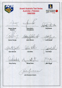 AUSTRALIA: 1999-2000 Australian Team v Pakistan Test Series, official team sheet with 13 signatures including Stephen Waugh (captain), Shane Warne, Adam Gilchrist & Ricky Ponting.