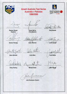 AUSTRALIA: 1999-2000 Australian Team v Pakistan Test Series, official team sheet with 13 signatures including Stephen Waugh (captain), Shane Warne, Adam Gilchrist & Ricky Ponting.