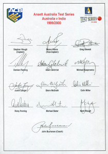 AUSTRALIA: 1999-2000 Australian Team v India Test Series, official team sheet with 13 signatures including Stephen Waugh (captain), Shane Warne, Adam Gilchrist & Ricky Ponting. Australia won the Series 3-0. In the first Test Steve Waugh made 150 and Damie