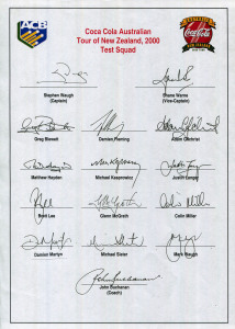 AUSTRALIA: 2000 Australian Team to New Zealand (Test Squad), official team sheet with 15 signatures including Stephen Waugh (captain), Shane Warne, Adam Gilchrist & Glenn McGrath.Australia won the series, 3-0.