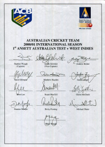 AUSTRALIA: 2000-01 Australian Team, 1st Test v West Indies, official team sheet with 13 signatures including Stephen Waugh (captain), Adam Gilchrist, Glenn McGrath & Ricky Ponting. Australia won the Test series 5-0, the first time the West Indies had been
