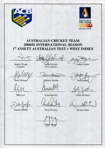 AUSTRALIA: 2000-01 Australian Team, 1st Test v West Indies, official team sheet with 13 signatures including Stephen Waugh (captain), Adam Gilchrist, Glenn McGrath & Ricky Ponting. Australia won the Test series 5-0, the first time the West Indies had been whitewashed by Australia since the 1930–31 series. In the 1st Test, Glenn McGrath took 6/17 in the first innings and 4/10 in the second.
