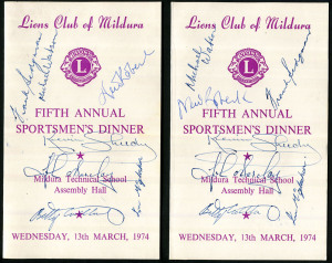 SPORTSMEN'S DINNER SIGNED PROGRAMME: "Lion's Club of Mildura - Fifth Annual Sportsmen's Dinner" (13th March,1974) signed programmes (2) noting Frank Sedgeman, Neil Roberts, Kevin Sheedy & Betty Cuthbert. Very fine condition.