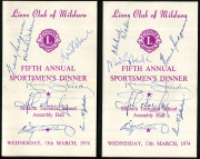 SPORTSMEN'S DINNER SIGNED PROGRAMME: "Lion's Club of Mildura - Fifth Annual Sportsmen's Dinner" (13th March,1974) signed programmes (2) noting Frank Sedgeman, Neil Roberts, Kevin Sheedy & Betty Cuthbert. Very fine condition.