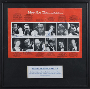 BRITISH SNOOKER STARS 1978: A framed display with signed photographs of John Spencer, Ray Reardon, Rex Williams, Fred Davis, Graham Miles and three others. Overall 36 x 36cm. Together with an autograph page signed by Eddie Charlton, John Pulman, Sydney Lee and others.