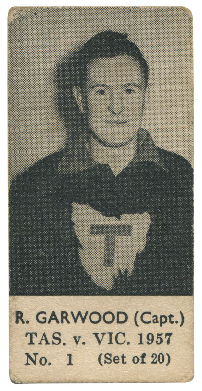 1957 TASMANIA v VICTORIA SERIES (UNKNOWN PUBLISHER, BLANK BACKS): R. GARWOOD (Capt.) No.1 from the complete set of 20. This, and the following 19 cards appear to be the only complete set to have come on the market. Not surprisingly, they are Rated 10 for