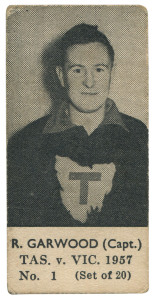 1957 TASMANIA v VICTORIA SERIES (UNKNOWN PUBLISHER, BLANK BACKS): R. GARWOOD (Capt.) No.1 from the complete set of 20. This, and the following 19 cards appear to be the only complete set to have come on the market. Not surprisingly, they are Rated 10 for scarcity. All these cards have been annotated by hand on the blank reverse (see website for images) by the young owner, Peter McGee, a student at Saint Virgil's College in 1957. Besides his name, McGee has recorded the home club of each of