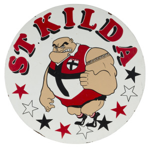 ST. KILDA Football Club hand-painted circular sign on masonite board, circa 1971, ​55cm diameter