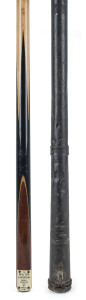 WALTER LINDRUM: A full-sized cue with an engraved ivory plaque "The WALTER LINDRUM Worls Champion Cue * Break 4,137" in fine condition and housed in an ALCOCK & CO., Melbourne metal case.