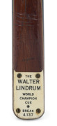 WALTER LINDRUM: A full-sized cue with an engraved ivory plaque "The WALTER LINDRUM Worls Champion Cue * Break 4,137" in fine condition and housed in an ALCOCK & CO., Melbourne metal case.   - 2